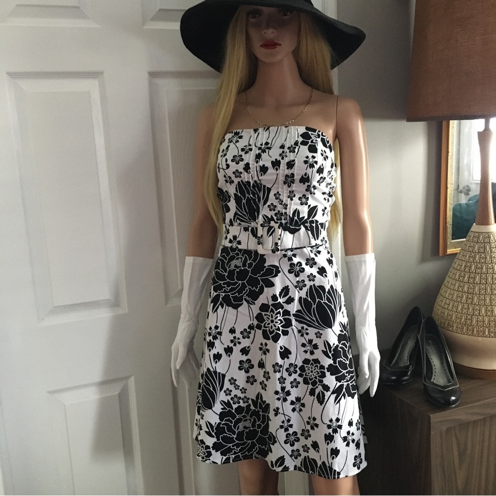 Y2K Vintage Strapless Dress Black & White EUC Cotton A-Line Belt sz 6
